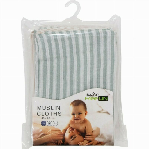 Set 4 lavete, Bubaba, Din muselina, Dimensiune 40x40 cm, Pentru spalarea si ingrijirea fetei si a corpului bebelusului dupa masa sau baita, Green Stripes [1]