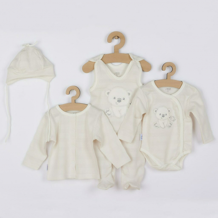 Imbracaminte si Accesorii - Set 4 piese, New Baby, Include bluza, body cu maneca lunga, salopeta fara maneci, caciulita, Marime 56, Din bumbac 100%, Sweet Bear Beige