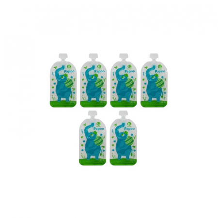 Alaptare si Hranire - Set 6 pungi reutilizabile, Petite&Mars, Pentru hranire, Cu elefantei, Inchidere ermetica, 20x10 cm, 150 ml, Papoo Albastru