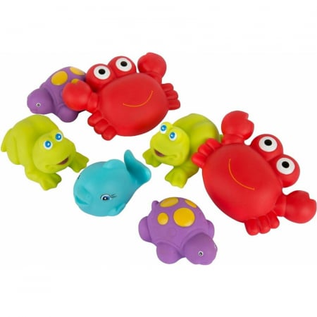 Jucarii si Jocuri - Set 7 animalute de baie, Playgro, Fara gauri, Cu gentuta pentru transport, Fara BPA, Floating Sea Friends, New Blue