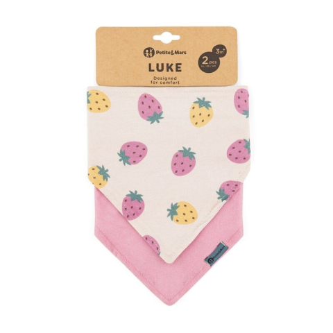 Set bavete bandana, Petite&Mars, Luke, 2 bucati, Bumbac 100% natural, Reglabila cu capse, 3 luni+, Protectie hainute, Bej/Roz [3]