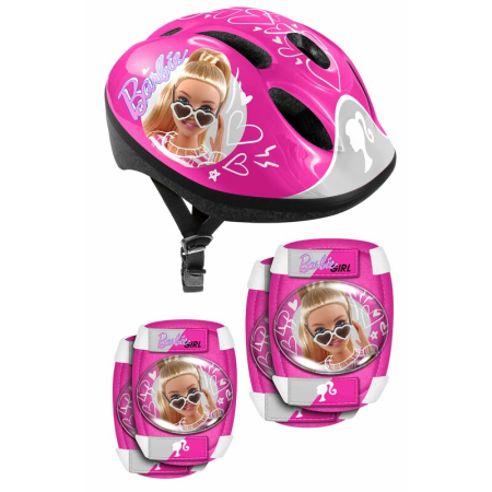 Jucarii si Jocuri - Set casca protectie, genunchiere si cotiere, Stamp, Sigure si confortabile, Reglabile, Conform cu EN1078, Marime 50/56 cm, 3 ani+, Barbie