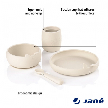 Set complet de masa, Jane, Din silicon, Cu 4 piese, Farfurie, Bol, Lingurita si pahar, BPA free, Sand [13]