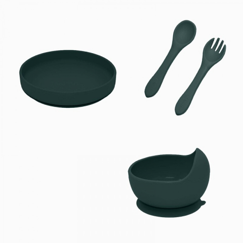 Set de hranire, Petite&Mars, Cu farfurie, Bol si tacamuri, Din silicon fara BFA, Verde inchis [2]