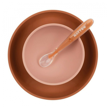 Set de masa, Nattou, Include baveta reglabila cu buzunar de colectare, bol, farfurie si lingurita, Silicon moale, Fara BPA, 4-36 luni+, Portocaliu [1]