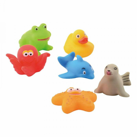 Jucarii si Jocuri - Set jucarii de baie, Happy World, Din cauciuc, 6 buc, 6 luni+, Multicolor