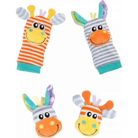 Jucarii si Jocuri - Set jucarii zornaitoare, Playgro, Include sosete interactive si 2 bratari, Inchidere cu velcro, Stimuleaza dezvoltarea senzoriala si tactila, 6 luni+, Jungle Wrist Rattle and Foot Finder