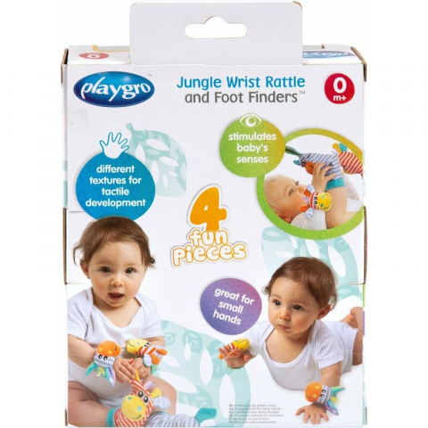 Set jucarii zornaitoare, Playgro, Include sosete interactive si 2 bratari, Inchidere cu velcro, Stimuleaza dezvoltarea senzoriala si tactila, 6 luni+, Jungle Wrist Rattle and Foot Finder [11]