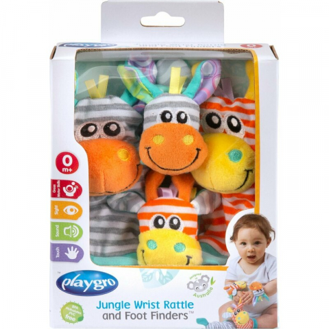 Set jucarii zornaitoare, Playgro, Include sosete interactive si 2 bratari, Inchidere cu velcro, Stimuleaza dezvoltarea senzoriala si tactila, 6 luni+, Jungle Wrist Rattle and Foot Finder [10]
