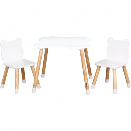 Mobilier si Lenjerie - Set masuta si doua scaune, FreeON, Bear, Pentru copii, Din lemn, Cu marginile rotunjite, Conform cu standardele europene de securitate EN71-1;2018, EN71-2:2020, EN71-3:2021, Alb