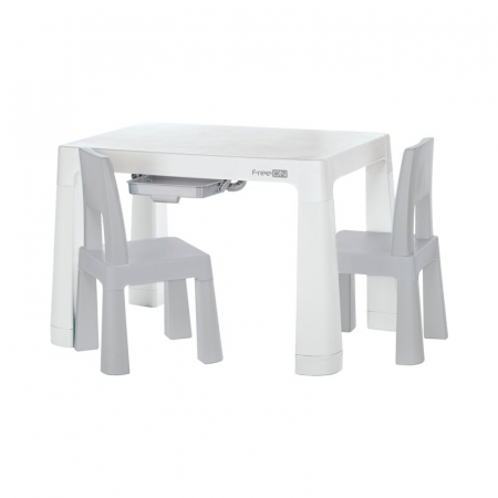 Mobilier si Lenjerie - Set masuta si doua scaune, FreeON, Neo, Pentru copii, Cu doua sertare, Cu masa reglabila la doua inaltimi, Conform cu standardele europene de securitate EN71-1;2018, EN71-2:2020, EN71-3:2021, Gri