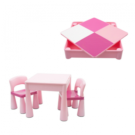 Mobilier si Lenjerie - Set masuta si doua scaune, New Baby, Pentru copii, Pink, Cu parte detasabila si reversibila, Partea reversibila pentru Lego Duplo