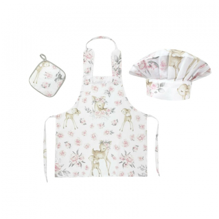 Jucarii si Jocuri - Set Micutul bucatar, MimiNu, Cu sort, o boneta si accesoriu pentru vase calde, Din bumbac certificat Oeko Tex Standard 100, Sweet Deer Pink