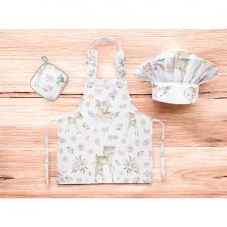 Set Micutul bucatar, MimiNu, Cu sort, o boneta si accesoriu pentru vase calde, Din bumbac certificat Oeko Tex Standard 100, Sweet Deer Pink [1]