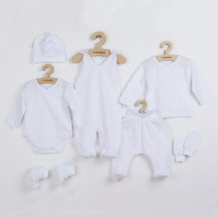 Imbracaminte si Accesorii - Set pentru bebe, New Baby, I AM, 7 piese, Cu botosei, jacheta maneca lunga, caciulita, body cu maneca lunga, pantalonasi si salopeta cu botosei si manusi, 100% bumbac, Marime 56, 0-3 luni, White