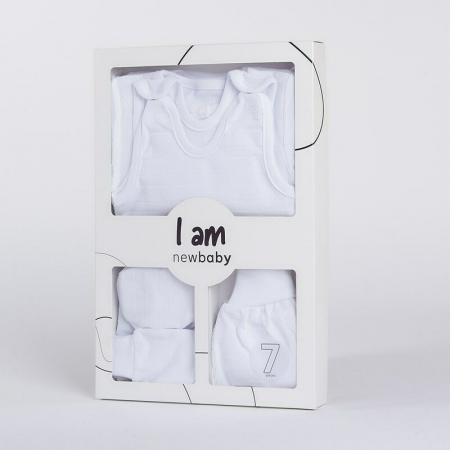 Set pentru bebe, New Baby, I AM, 7 piese, Cu botosei, jacheta maneca lunga, caciulita, body cu maneca lunga, pantalonasi si salopeta cu botosei si manusi, 100% bumbac, Marime 56, 0-3 luni, White [1]