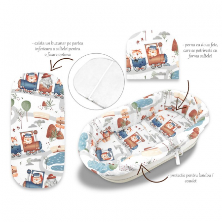 Mobilier si Lenjerie - Set pentru landou/cosulet, MimiNu, Cu protectie, saltea si pernuta, Din bumbac certificat Oeko Tex Standard 100, Design, Zoo in train