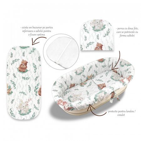 Mobilier si Lenjerie - Set pentru landou/cosulet, MimiNu, Cu protectie, saltea si pernuta, Din bumbac certificat Oeko Tex Standard 100, Lulu Natural