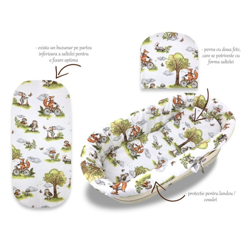 Set pentru landou/cosulet, Qmini, Cu protectie, saltea si pernuta, Din bumbac certificat Oeko Tex Standard 100, Fox on bikes Natural [1]