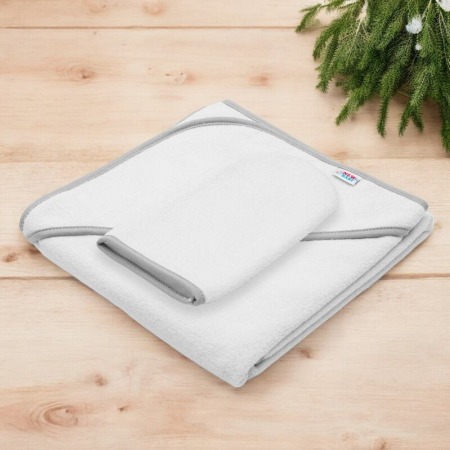 Set prosop cu gluga si manusa baie, New Baby, Dimensiune 80 x 80 cm, Basic, White-gray [1]