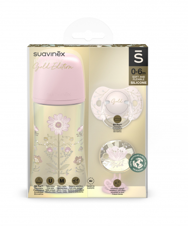 Biberoane si Accesorii - Set Suavinex biberon 270 ml + suzetă + lănțișor suzetă Gold Premium
