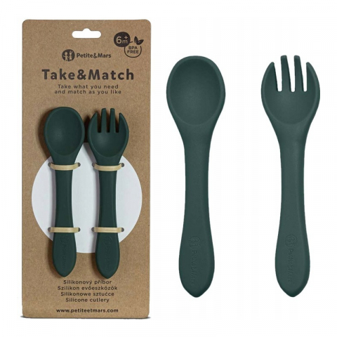 Alaptare si Hranire - Set tacamuri, Petite&Mars, Take&Match, Din silicon, Fara BPA 6 luni+, Verde inchis