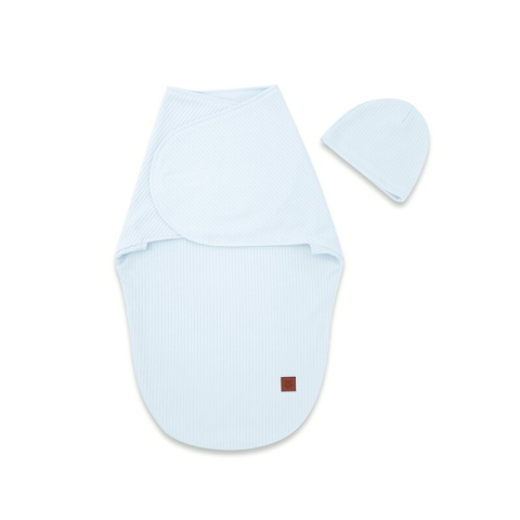 Mobilier si Lenjerie - Sistem de infasare si caciulita, MimiNu, Pentru bebe, 0 - 3 luni, Leo, Din bumbac interlock certificat Oeko Tex Standard 100, Soft Blue