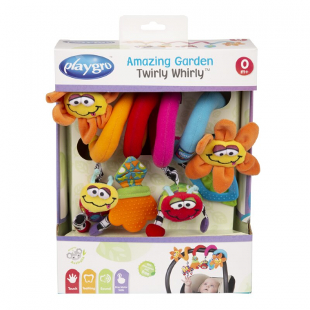 Spirala cu jucarii, Playgro, Multifunctionale pentru carucior, scoica auto si patut, Cu jucarie de dentitie, Amazing Garden Twirly Whirly, 33 cm [9]