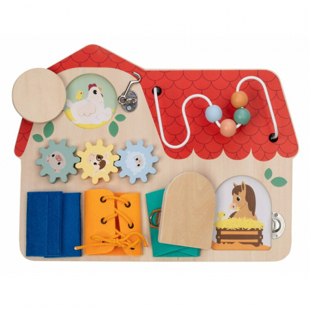 Jucarii si Jocuri - Tablita cu activitati, Free2Play, Din lemn, Cu elemente interactive, Dezvolta coordonarea mana-ochi, 40x30x6,5 cm, 18 luni+, Multicolor