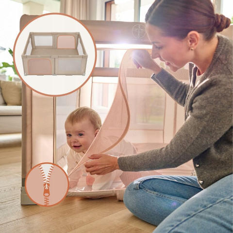 Tarc de joaca copii, Lionelo, Florence Easy Fold, 150 x 180 x 75 cm, Pliere, depliere automata, Include geanta de transport, Din plasa, Cu doua intrari laterale, 0-48 luni, Conform cu EN12227, Bej [22]
