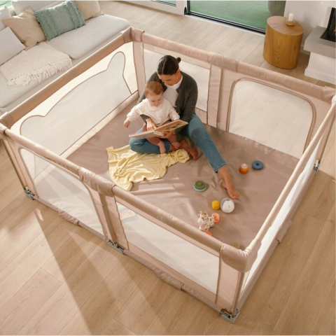 Tarc de joaca copii, Lionelo, Florence Easy Fold, 150 x 180 x 75 cm, Pliere, depliere automata, Include geanta de transport, Din plasa, Cu doua intrari laterale, 0-48 luni, Conform cu EN12227, Bej [15]