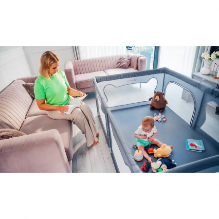 Tarc de joaca copii, Lionelo, Willow, 127 x 187 cm, Pliere compacta, Include geanta de transport, Din plasa, Cu doua intrari laterale si fermoar, Cu ventuze pentru stabilitate, Conform cu EN 12227:201 [25]