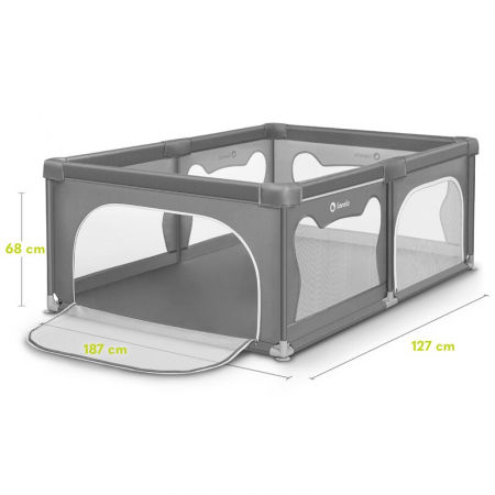 Tarc de joaca copii, Lionelo, Willow, 127 x 187 cm, Pliere compacta, Include geanta de transport, Din plasa, Cu doua intrari laterale si fermoar, Cu ventuze pentru stabilitate, Conform cu EN 12227:201 [21]