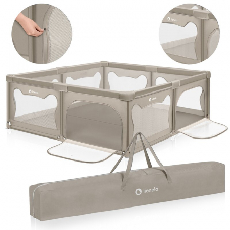 Tarc de joaca copii, Lionelo, Willow XL,180 x 200 cm, Pliere compacta, Include geanta de transport, Din plasa, Cu doua intrari laterale si fermoar, Cu ventuze pentru stabilitate, Conform cu EN 12227:2 [12]