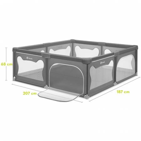 Tarc de joaca copii, Lionelo, Willow XL,180 x 200 cm, Pliere compacta, Include geanta de transport, Din plasa, Cu doua intrari laterale si fermoar, Cu ventuze pentru stabilitate, Conform cu EN 12227:2 [17]