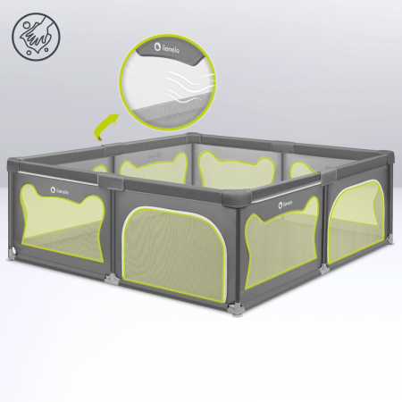 Tarc de joaca copii, Lionelo, Willow XL,180 x 200 cm, Pliere compacta, Include geanta de transport, Din plasa, Cu doua intrari laterale si fermoar, Cu ventuze pentru stabilitate, Conform cu EN 12227:2 [11]