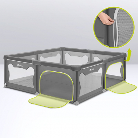 Tarc de joaca copii, Lionelo, Willow XL,180 x 200 cm, Pliere compacta, Include geanta de transport, Din plasa, Cu doua intrari laterale si fermoar, Cu ventuze pentru stabilitate, Conform cu EN 12227:2 [12]