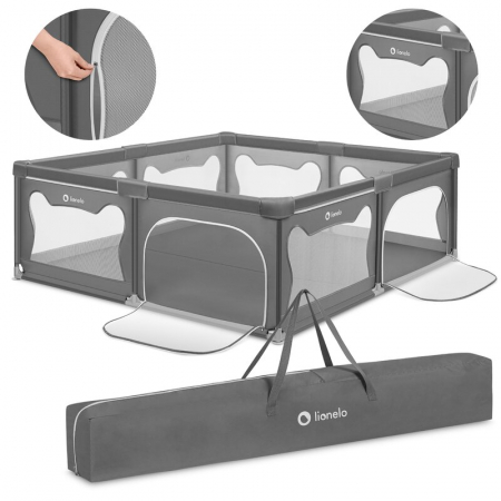Tarc de joaca copii, Lionelo, Willow XL,180 x 200 cm, Pliere compacta, Include geanta de transport, Din plasa, Cu doua intrari laterale si fermoar, Cu ventuze pentru stabilitate, Conform cu EN 12227:2 [10]