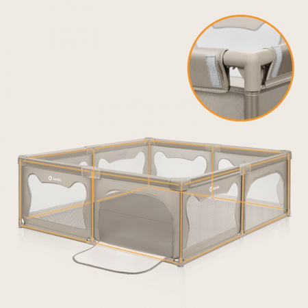 Tarc de joaca copii, Lionelo, Willow XL,180 x 200 cm, Pliere compacta, Include geanta de transport, Din plasa, Cu doua intrari laterale si fermoar, Cu ventuze pentru stabilitate, Conform cu EN 12227:2 [18]