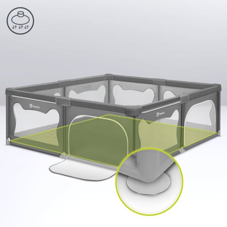 Tarc de joaca copii, Lionelo, Willow XL,180 x 200 cm, Pliere compacta, Include geanta de transport, Din plasa, Cu doua intrari laterale si fermoar, Cu ventuze pentru stabilitate, Conform cu EN 12227:2 [13]
