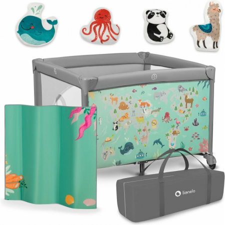 Tarc de joaca, Lionelo, Mille, Pliabil, Include covor educational incorporat cu 4 jucarii Velcro si geanta de transport, Cu roti si inchidere laterala, Saltea din spuma, 100x100 cm, Verde [2]