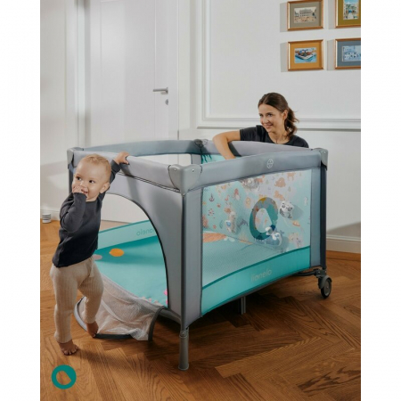Tarc de joaca, Lionelo, Mille, Pliabil, Include covor educational incorporat cu 4 jucarii Velcro si geanta de transport, Cu roti si inchidere laterala, Saltea din spuma, 100x100 cm, Verde [4]
