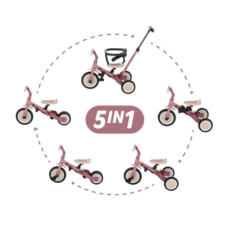 Tricicleta, Petite&Mars, Turbo, 5 in 1, Multifunctionala, Vehicul de impins, Bicicleta cu/fara pedale, Cu maner de ghidaj, Detasabil, Roti din cauciuc, Pana la 25 kg, 1.5-5 ani, Dusty Rose [3]