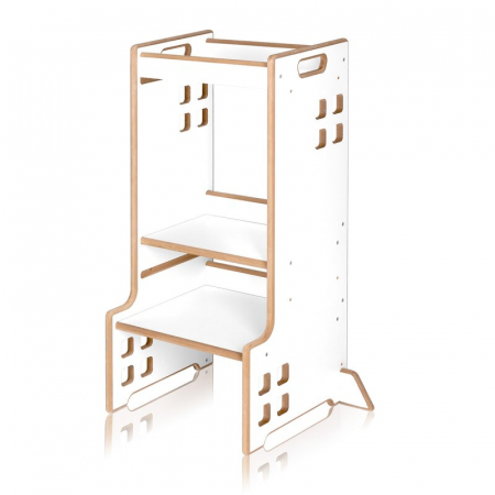 Mobilier si Lenjerie - Turn de invatare Montessori, Lionelo, Cass, Functie de raft pentru carti, Pana la 30 kg, 12 luni - 6 ani, Din MDF si furnir, 3 trepte de inaltime, Alb