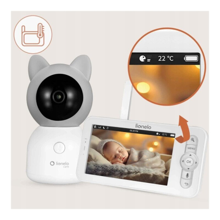 Video monitor, Lionelo, Babyline 9.2. AI, 5 inch, Camera Full HD, Zoom digital 4x, Aplicatie, Tehnologia AI cu detectare a miscarii, Recunoasterea motivului plansului, Melodii, Zgomote albe, Mod noctu [26]