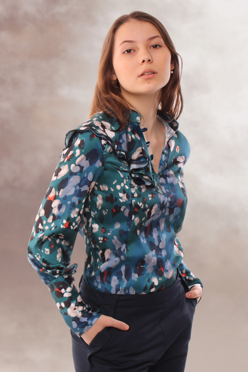 camasa print turcoaz eleganta office satin maneca lunga nasturi imbracati [2]