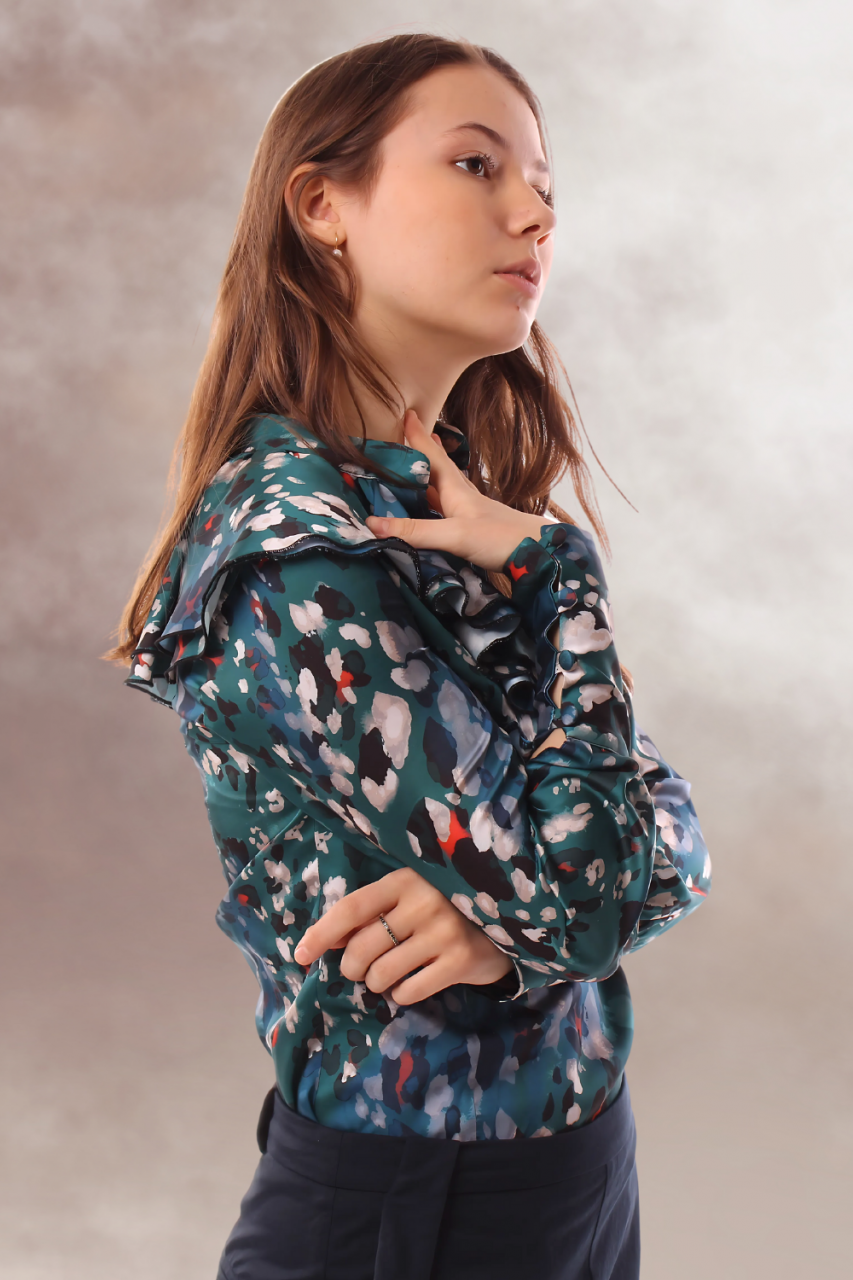 camasa print turcoaz eleganta office satin maneca lunga nasturi imbracati [3]