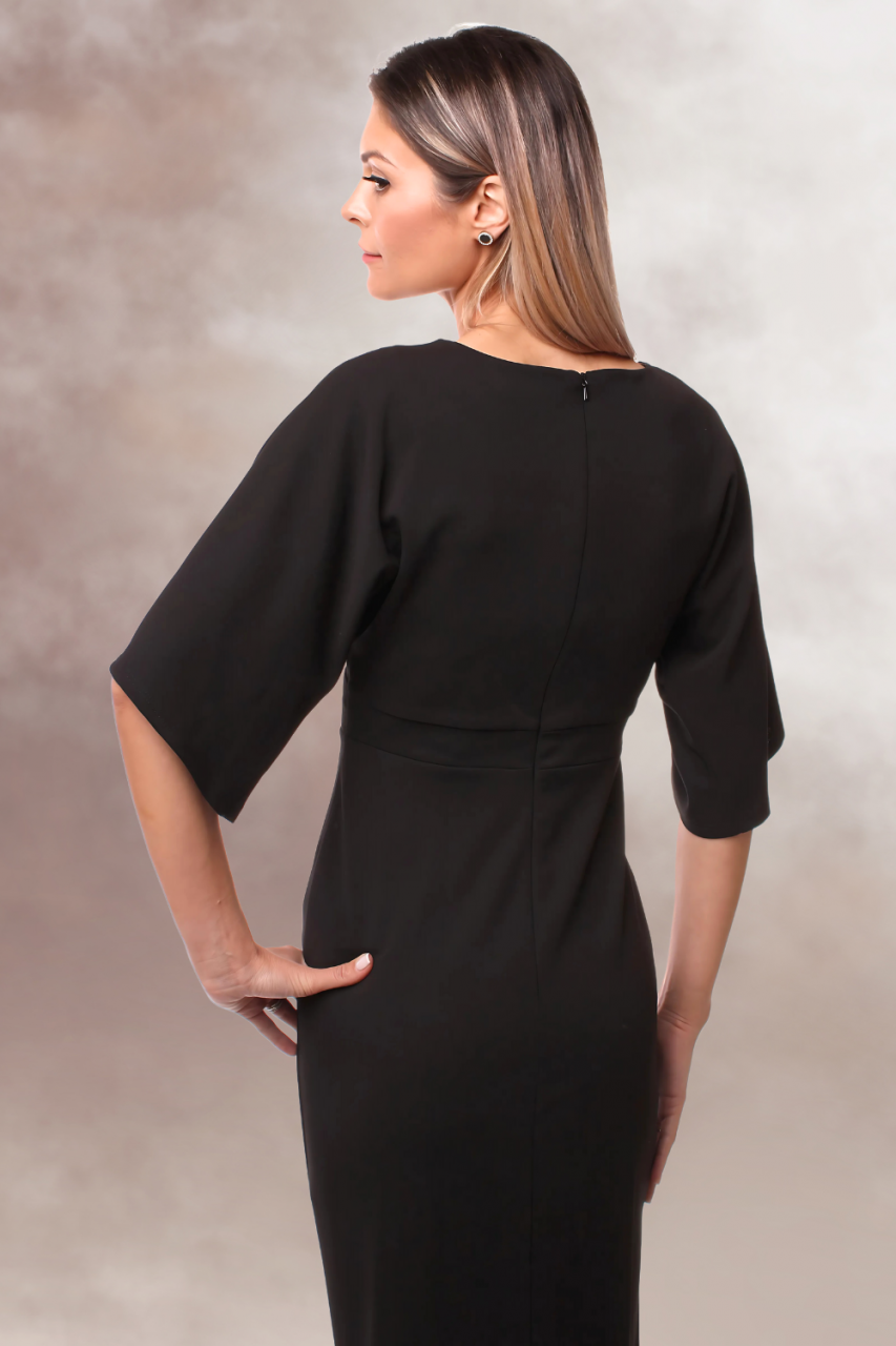 rochie lunga maxi dress neagra eleganta maneca fluture slit pe picior [7]