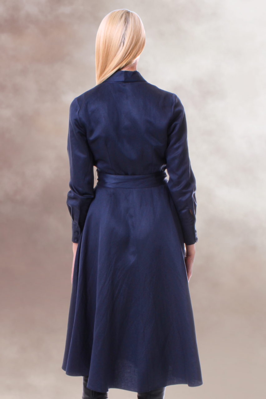 rochie office midi clos albastru bleumarin guler rever nasturi imbracati cordon in talie [5]