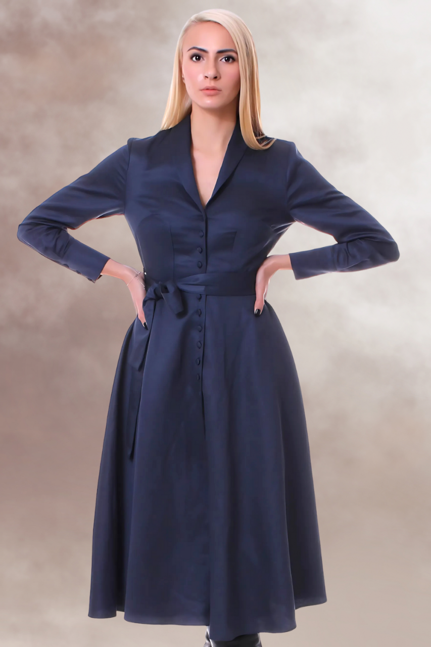 rochie office midi clos albastru bleumarin guler rever nasturi imbracati cordon in talie [4]